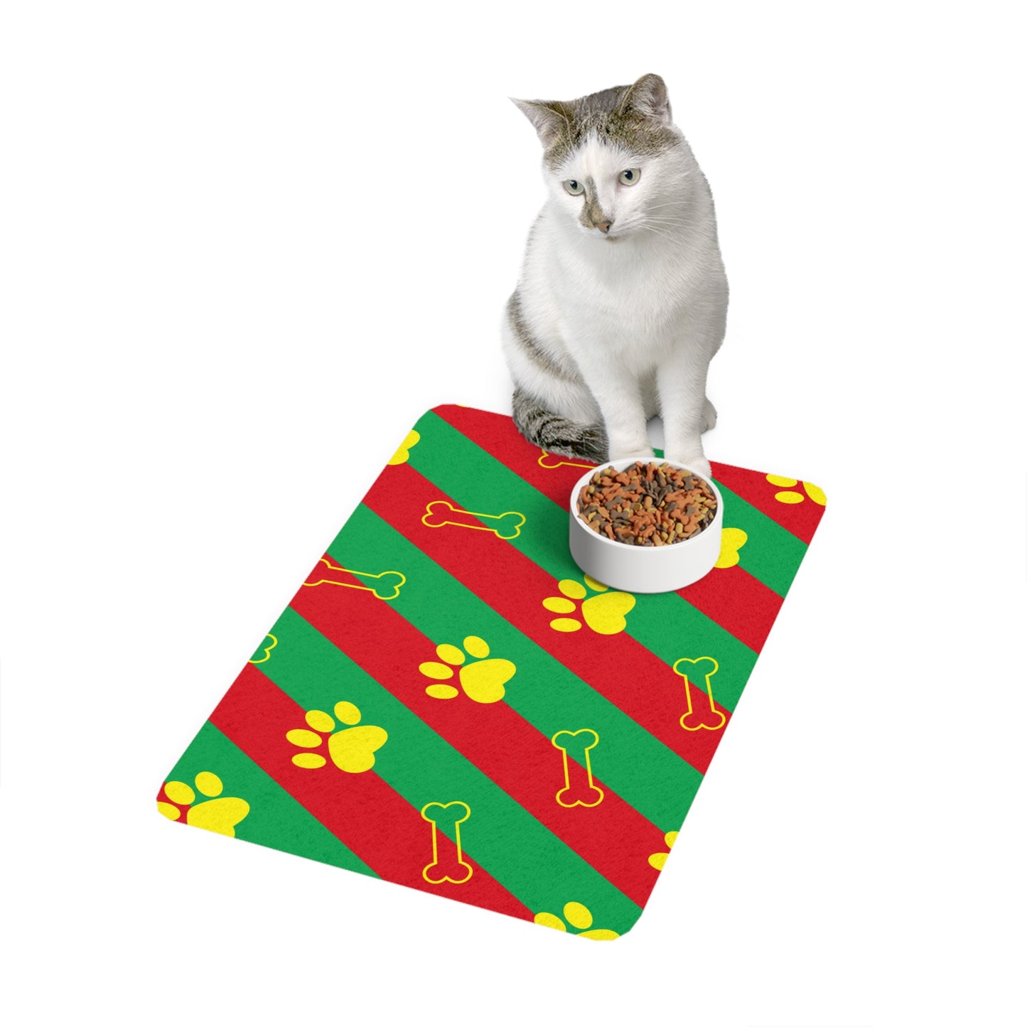 Red and Green Striped Pet Food Mat with Paw Prints and Bone Design