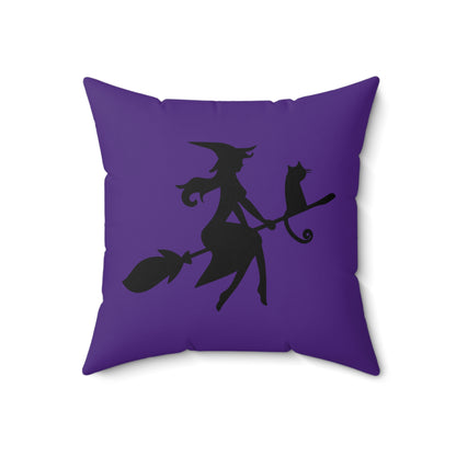 Halloween Witch and Cat On A Broom, Purple Halloween Throw Pillow, Halloween Decor, Fall Pillow, Halloween Patio Pillow, Cute Throw Pillow