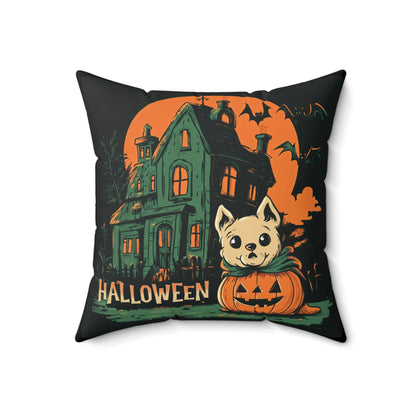 Cute Dog & Haunted House Halloween Throw Pillow – Square Decorative Pillow for Spooky Home Decor