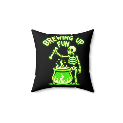 Glow-in-the-Dark Style “Brewing Up Fun” Halloween Throw Pillow – Spooky Skeleton Home Decor