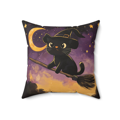 Cute Black Cat on Broomstick Halloween Throw Pillow – Spooky Fun Home Decor