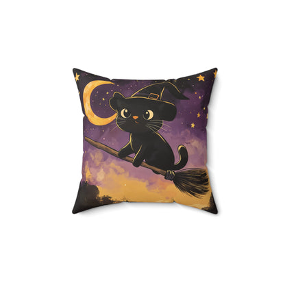 Cute Black Cat on Broomstick Halloween Throw Pillow – Spooky Fun Home Decor