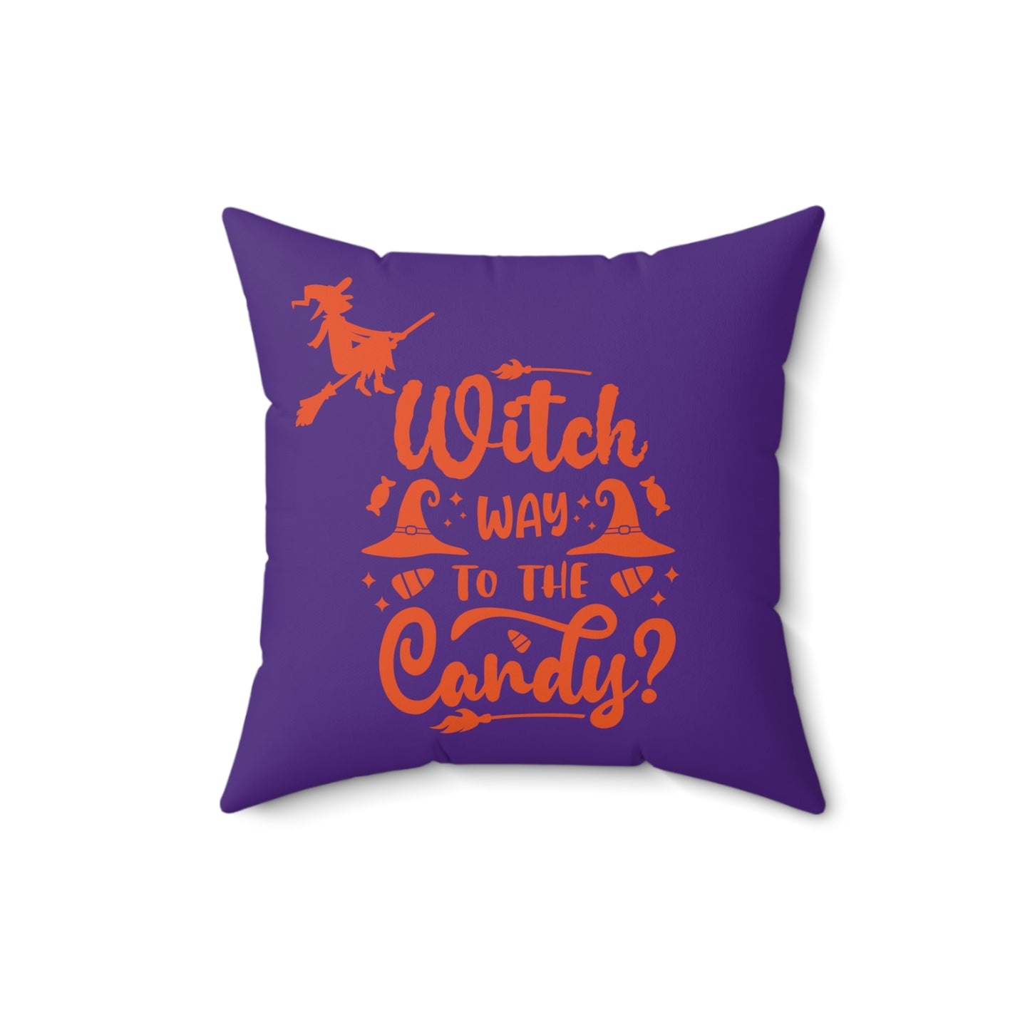 Almohada morada y naranja, decoración de Halloween, almohada con brujas en una escoba buscando dulces, almohada de otoño, decoración de sala de estar de octubre, regalos