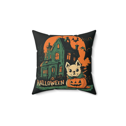 Cute Dog & Haunted House Halloween Throw Pillow – Square Decorative Pillow for Spooky Home Decor