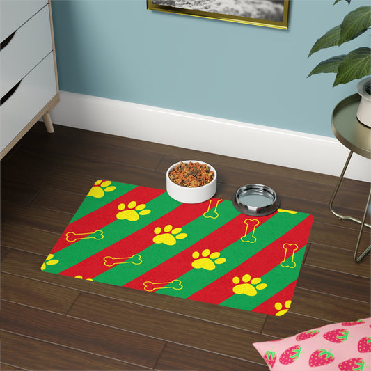 Red and Green Striped Pet Food Mat with Paw Prints and Bone Design