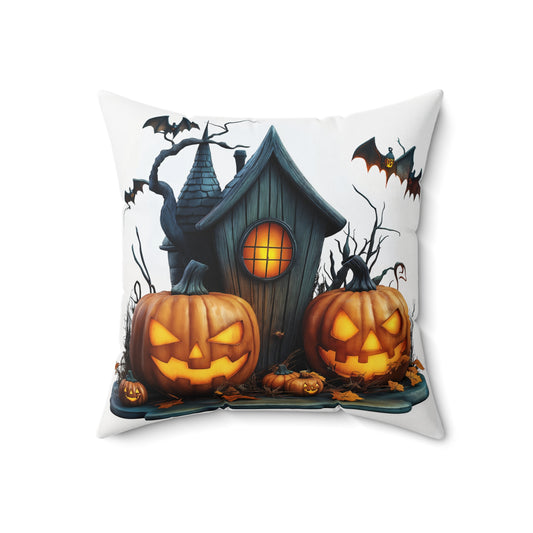 Haunted House & Pumpkin Halloween Throw Pillow – Spooky Home Decor