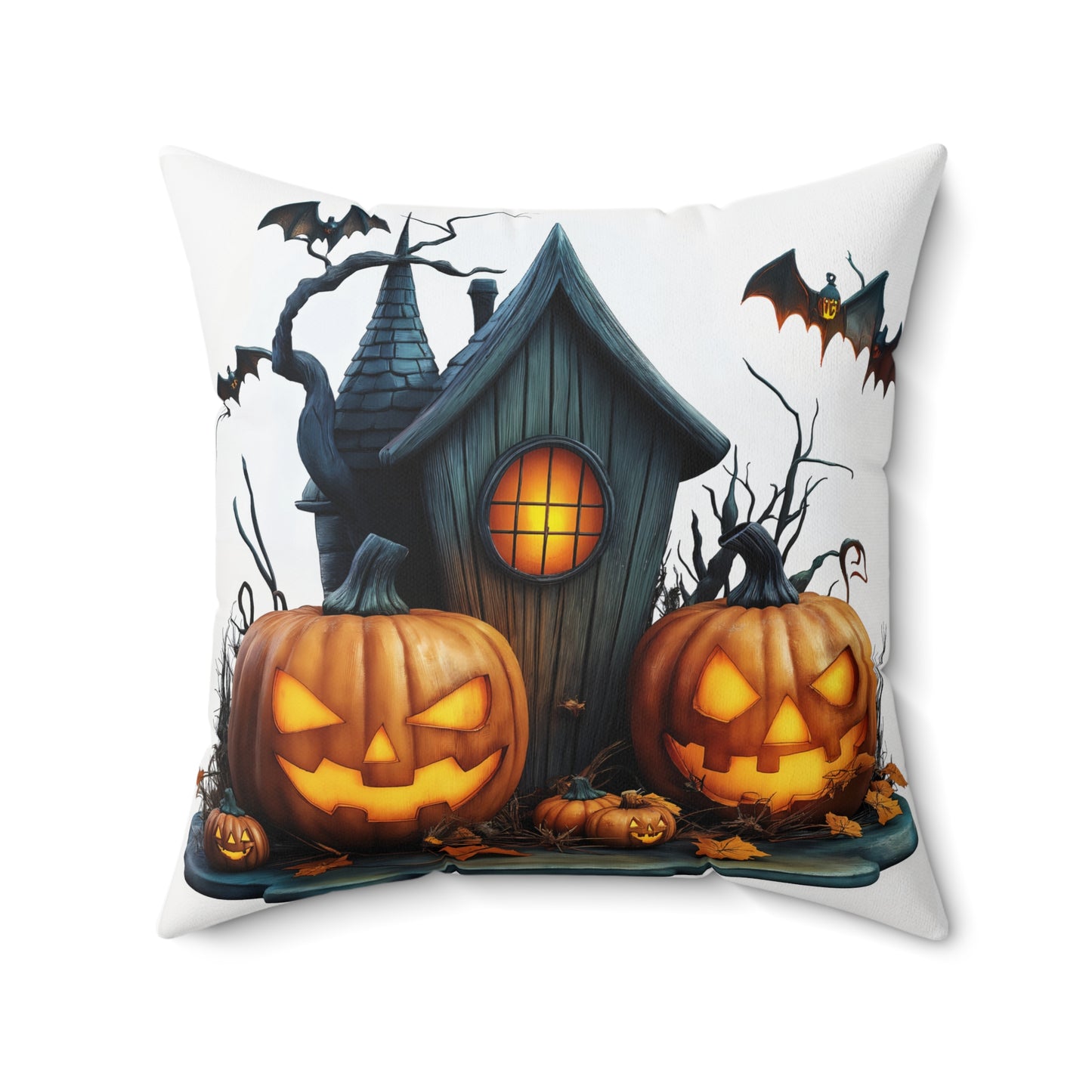 Haunted House & Pumpkin Halloween Throw Pillow – Spooky Home Decor