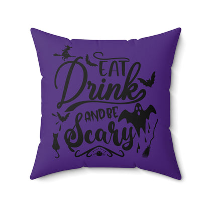 Halloween Purple Throw Pillow, Unique Halloween Throw Pillow, Eat Drink And Be Scary Printed Pillow, Designer Polyester Pillow For Anyone