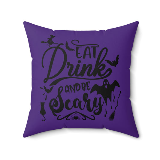 Almohada de Halloween morada, almohada única para Halloween, almohada con estampado "Eat Drink And Be Scary", almohada de poliéster de diseñador para cualquier persona