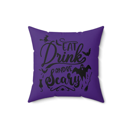 Halloween Purple Throw Pillow, Unique Halloween Throw Pillow, Eat Drink And Be Scary Printed Pillow, Designer Polyester Pillow For Anyone