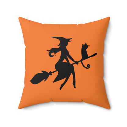 Halloween Witch In Flight Throw Pillow, Orange And Black Designer Pillow, Unique Fall Decor, Cute Halloween Decorative Pillow, Couch Pillow