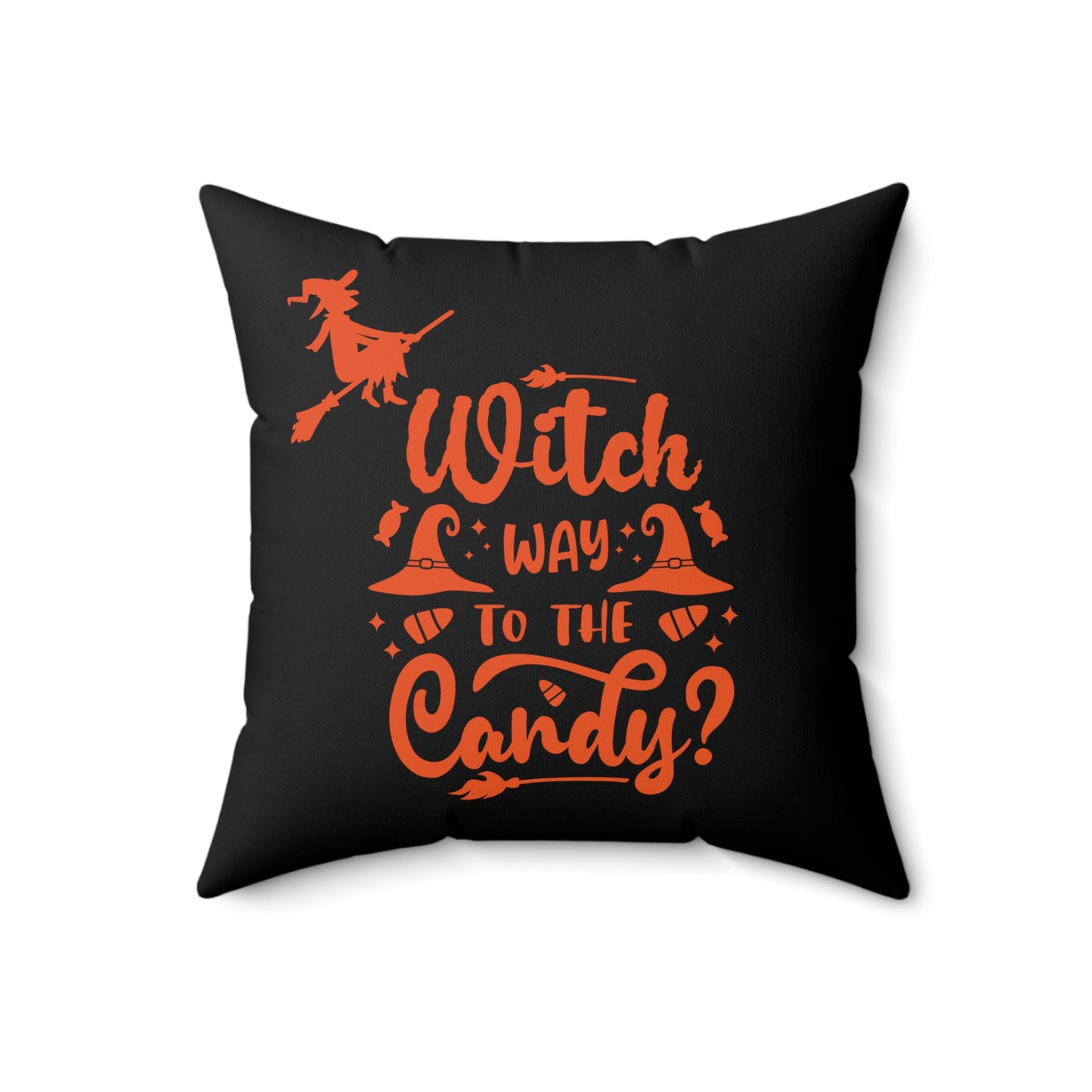 Bruja de Halloween en camino a los dulces, almohada decorativa de Halloween, almohadas decorativas de poliéster para Halloween, almohadas decorativas en naranja y negro