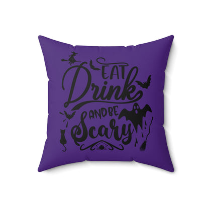 Halloween Purple Throw Pillow, Unique Halloween Throw Pillow, Eat Drink And Be Scary Printed Pillow, Designer Polyester Pillow For Anyone