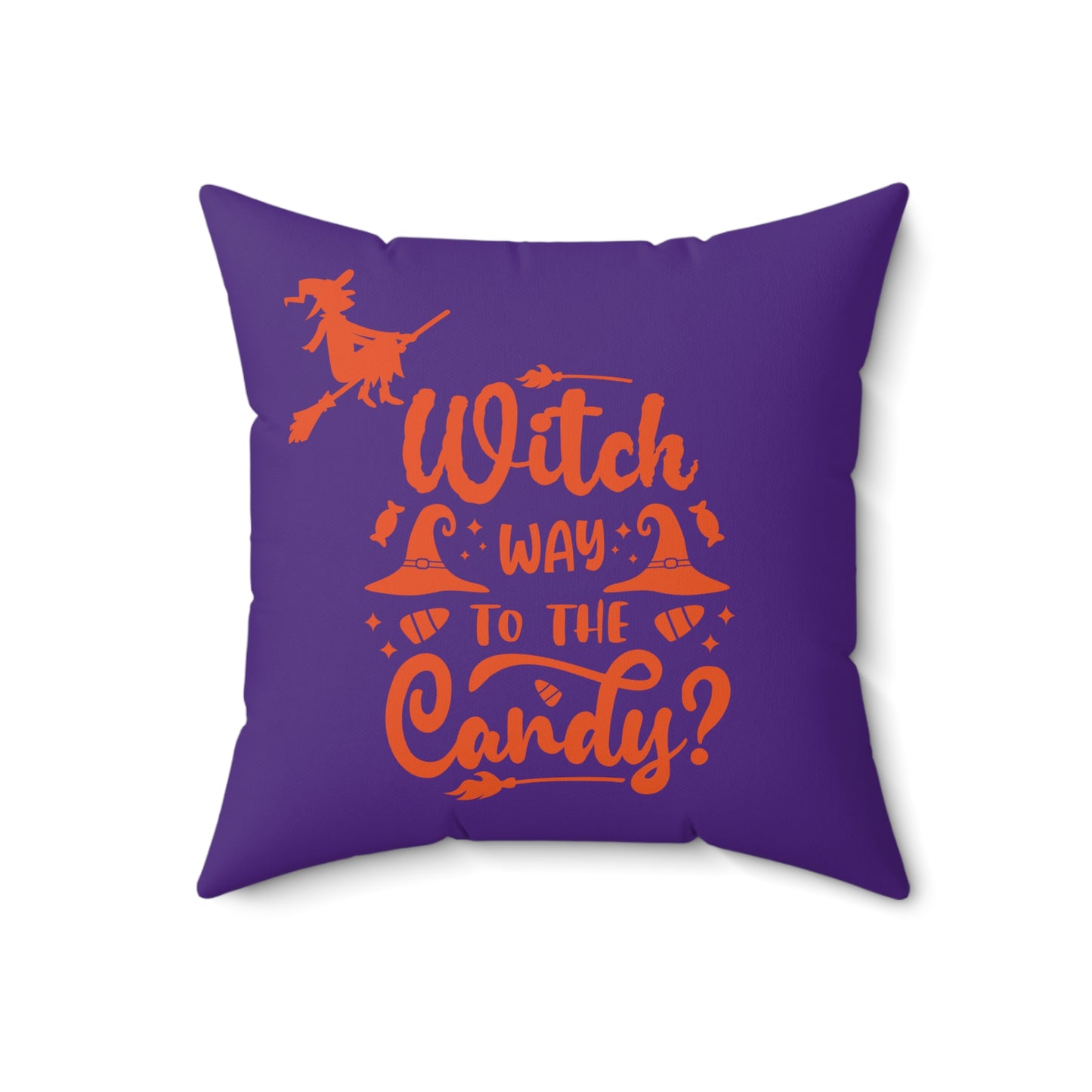 Almohada morada y naranja, decoración de Halloween, almohada con brujas en una escoba buscando dulces, almohada de otoño, decoración de sala de estar de octubre, regalos