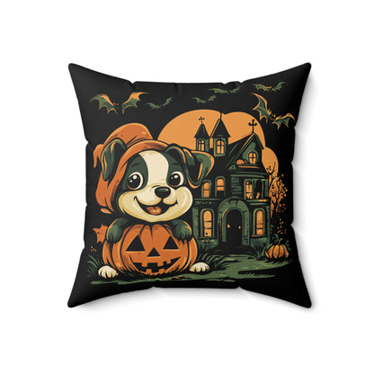 Cute Puppy & Haunted House Halloween Throw Pillow – Spooky Fun Home Decor