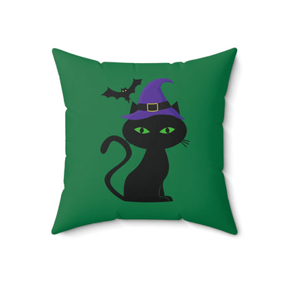 Green Halloween Throw Pillow, Halloween Room Decor,  Scary Black Cat Decorative Throw Pillow, Perfect Pillow For Patio, Dorm Throw Pillow