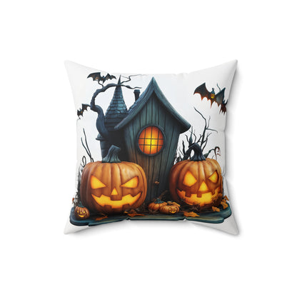 Haunted House & Pumpkin Halloween Throw Pillow – Spooky Home Decor