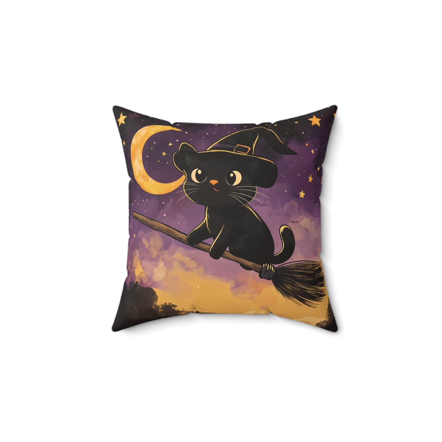 Cute Black Cat on Broomstick Halloween Throw Pillow – Spooky Fun Home Decor