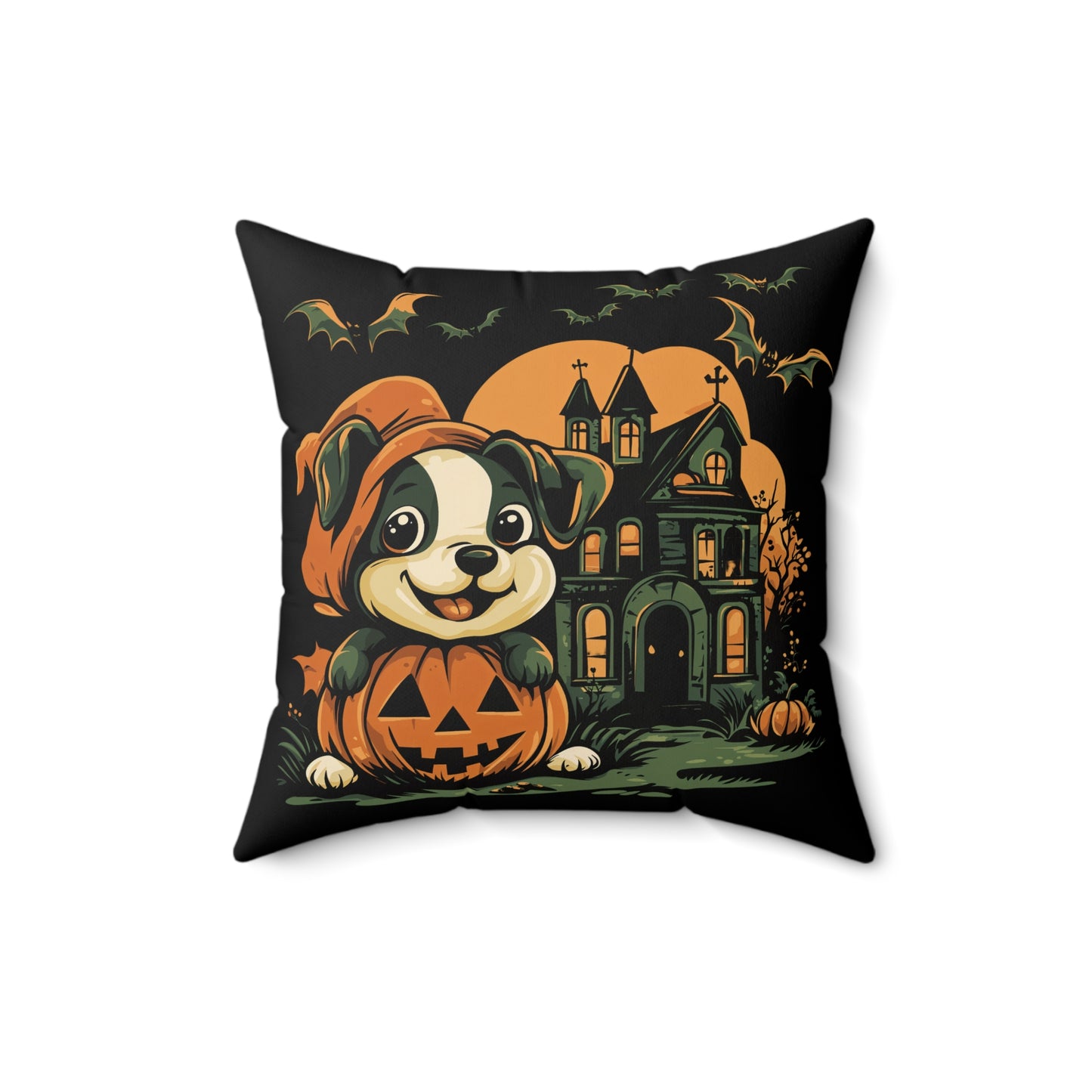 Cute Puppy & Haunted House Halloween Throw Pillow – Spooky Fun Home Decor