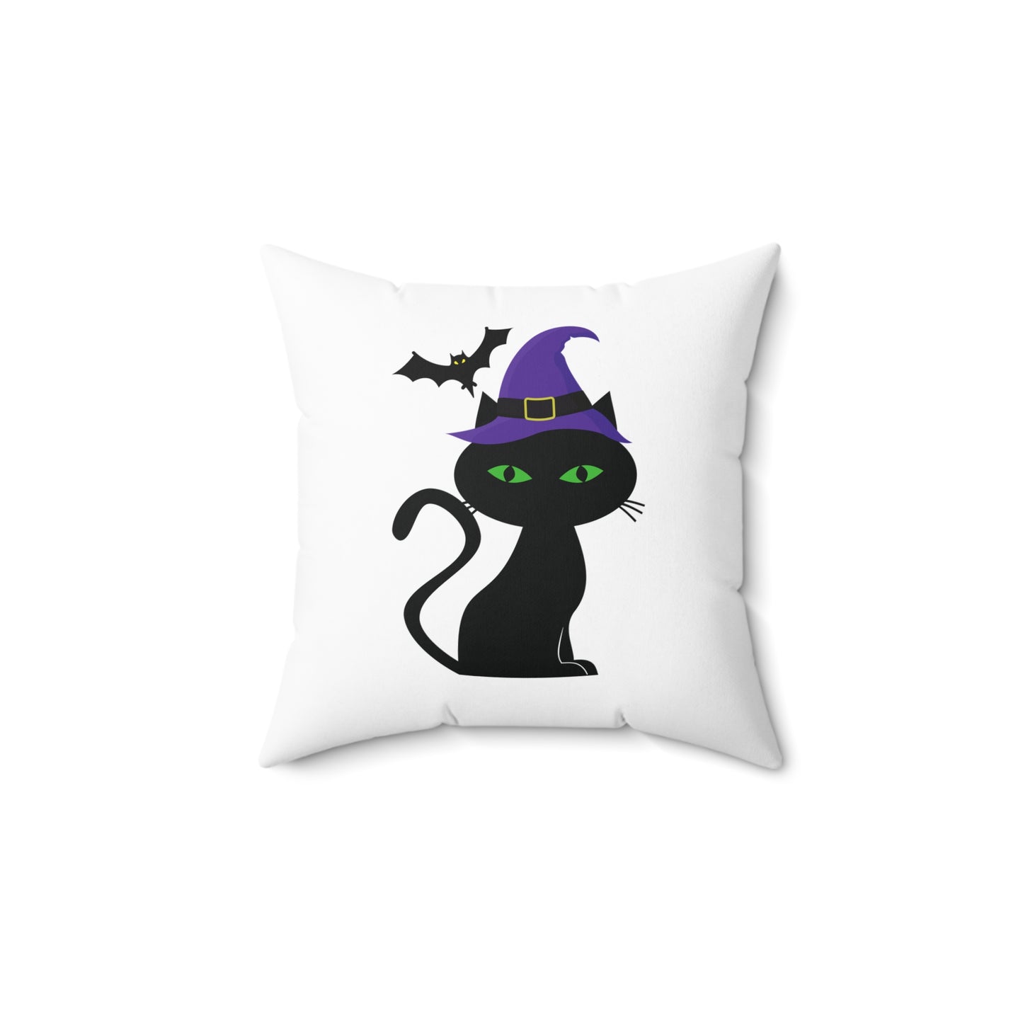 Cojín decorativo de Halloween con forma de gato negro y sombrero de bruja, cuadrado blanco, 45,7 x 45,7 cm