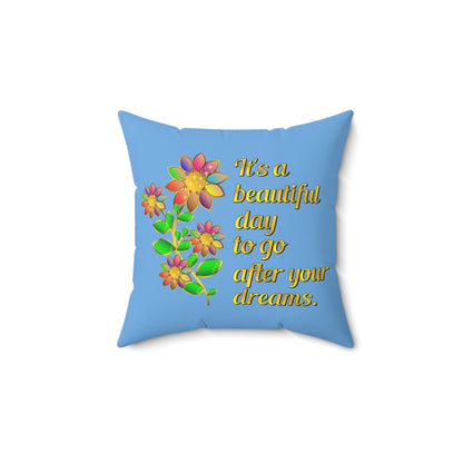 Coussin carré design « It's A Beautiful Day », coussin graphique floral bleu, coussins avec phrase, décoration de chambre florale inspirante