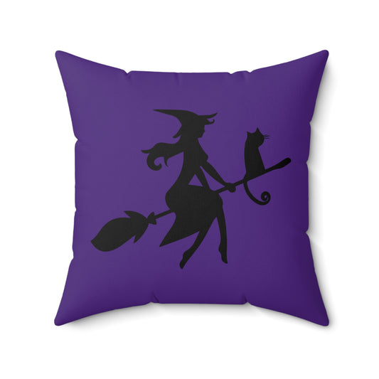 Bruja de Halloween y gato en una escoba, almohada morada para Halloween, decoración de Halloween, almohada de otoño, almohada de Halloween para el patio, linda almohada