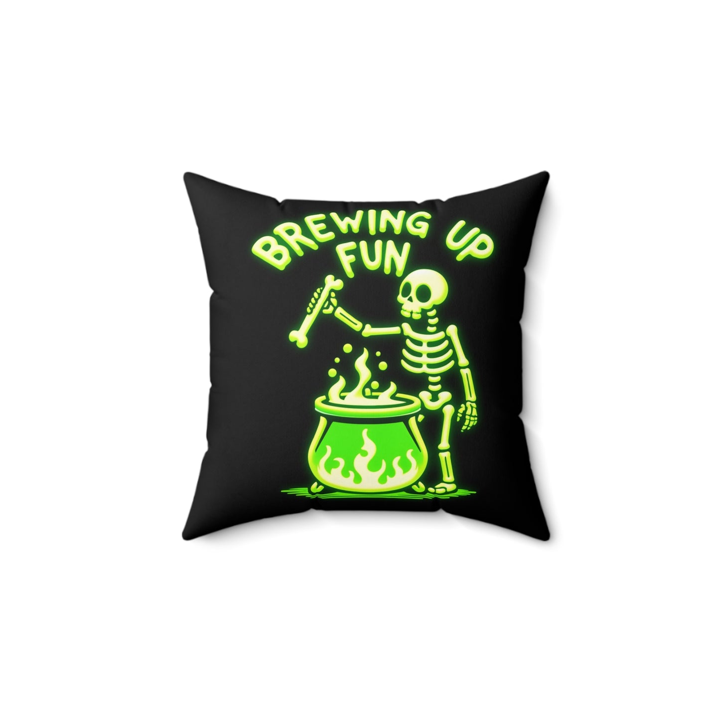 Glow-in-the-Dark Style “Brewing Up Fun” Halloween Throw Pillow – Spooky Skeleton Home Decor