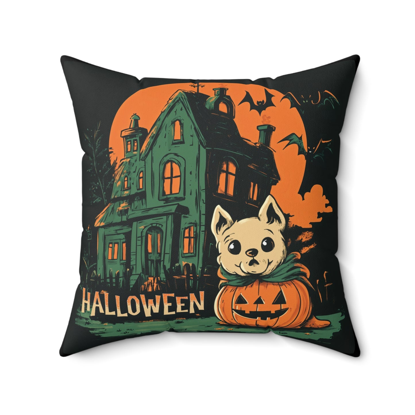 Cute Dog & Haunted House Halloween Throw Pillow – Square Decorative Pillow for Spooky Home Decor