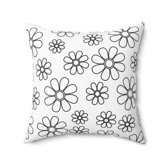 Black And White Flower Throw Pillow, Living Room Accent Pillow, 16x16 Inch Designer Pillow, Black Outline Floral Pattern Pillow, Gift Ideas