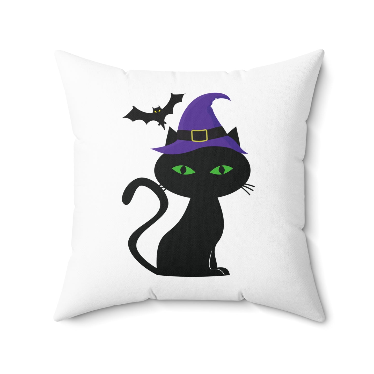 Cojín decorativo de Halloween con forma de gato negro y sombrero de bruja, cuadrado blanco, 45,7 x 45,7 cm