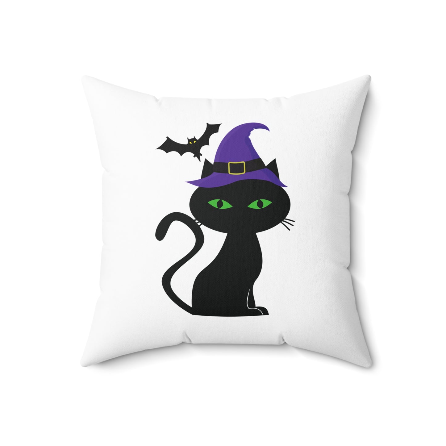 Coussin décoratif Halloween chat noir avec chapeau de sorcière, coussin carré blanc, coussin décoratif Halloween, décoration de chambre effrayante, 18 x 18 pouces