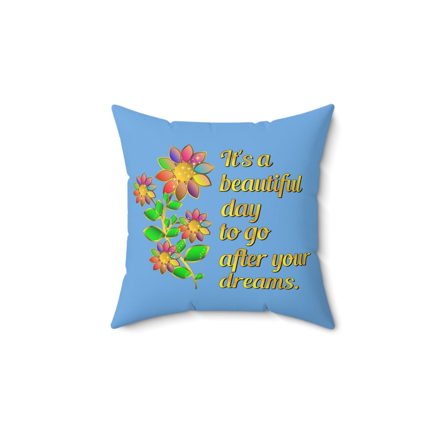 Coussin carré design « It's A Beautiful Day », coussin graphique floral bleu, coussins avec phrase, décoration de chambre florale inspirante