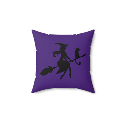 Halloween Witch and Cat On A Broom, Purple Halloween Throw Pillow, Halloween Decor, Fall Pillow, Halloween Patio Pillow, Cute Throw Pillow