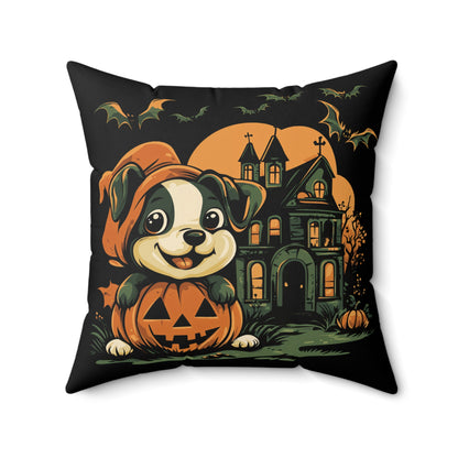 Cute Puppy & Haunted House Halloween Throw Pillow – Spooky Fun Home Decor