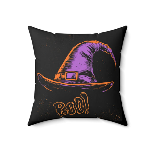 Witch Hat “Boo!” Halloween Throw Pillow – Square Decorative Pillow for Spooky Home Decor