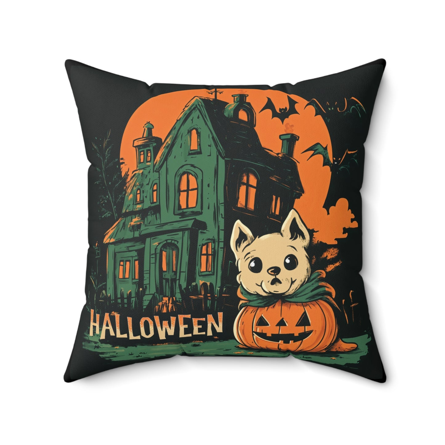 Cute Dog & Haunted House Halloween Throw Pillow – Square Decorative Pillow for Spooky Home Decor