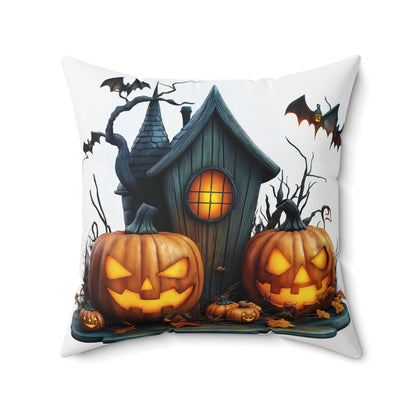 Haunted House & Pumpkin Halloween Throw Pillow – Spooky Home Decor