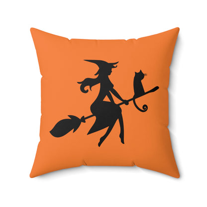 Halloween Witch In Flight Throw Pillow, Orange And Black Designer Pillow, Unique Fall Decor, Cute Halloween Decorative Pillow, Couch Pillow