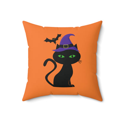 Halloween Black Cat  Throw Pillow, Orange Square Pillow With Black Cat, 100% Polyester Printed Designer Pillow, 18x18 Inch, Halloween Decor