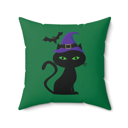 Green Halloween Throw Pillow, Halloween Room Decor,  Scary Black Cat Decorative Throw Pillow, Perfect Pillow For Patio, Dorm Throw Pillow