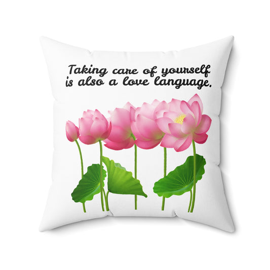 Prendre soin de soi est aussi un langage d'amour, coussin à motif de fleurs en fleurs, coussin blanc à fleurs roses, coussin décoratif