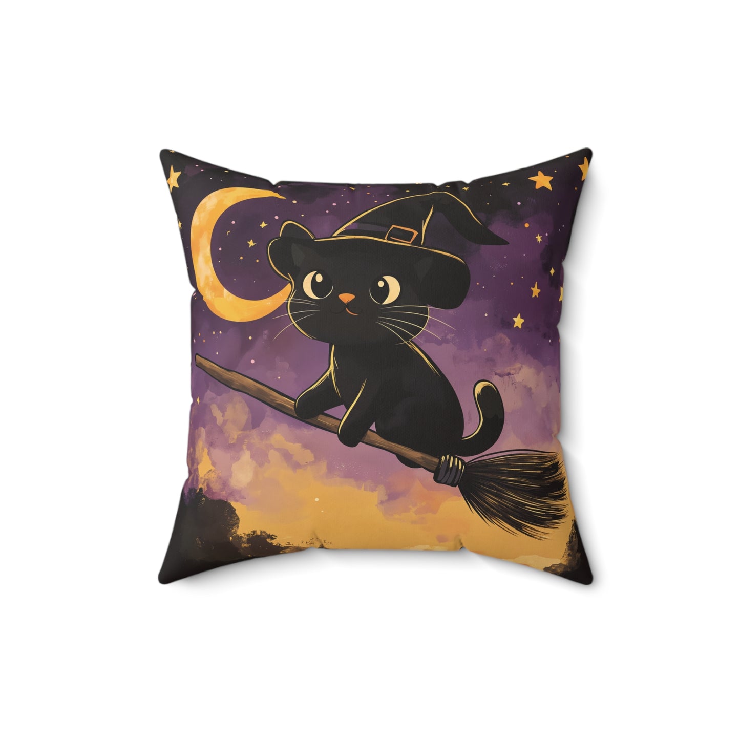 Cute Black Cat on Broomstick Halloween Throw Pillow – Spooky Fun Home Decor