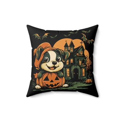 Cute Puppy & Haunted House Halloween Throw Pillow – Spooky Fun Home Decor