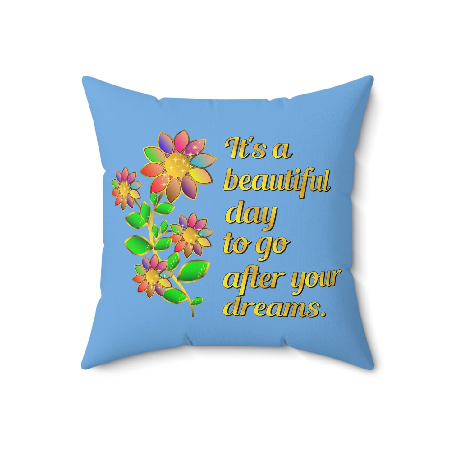 Coussin carré design « It's A Beautiful Day », coussin graphique floral bleu, coussins avec phrase, décoration de chambre florale inspirante