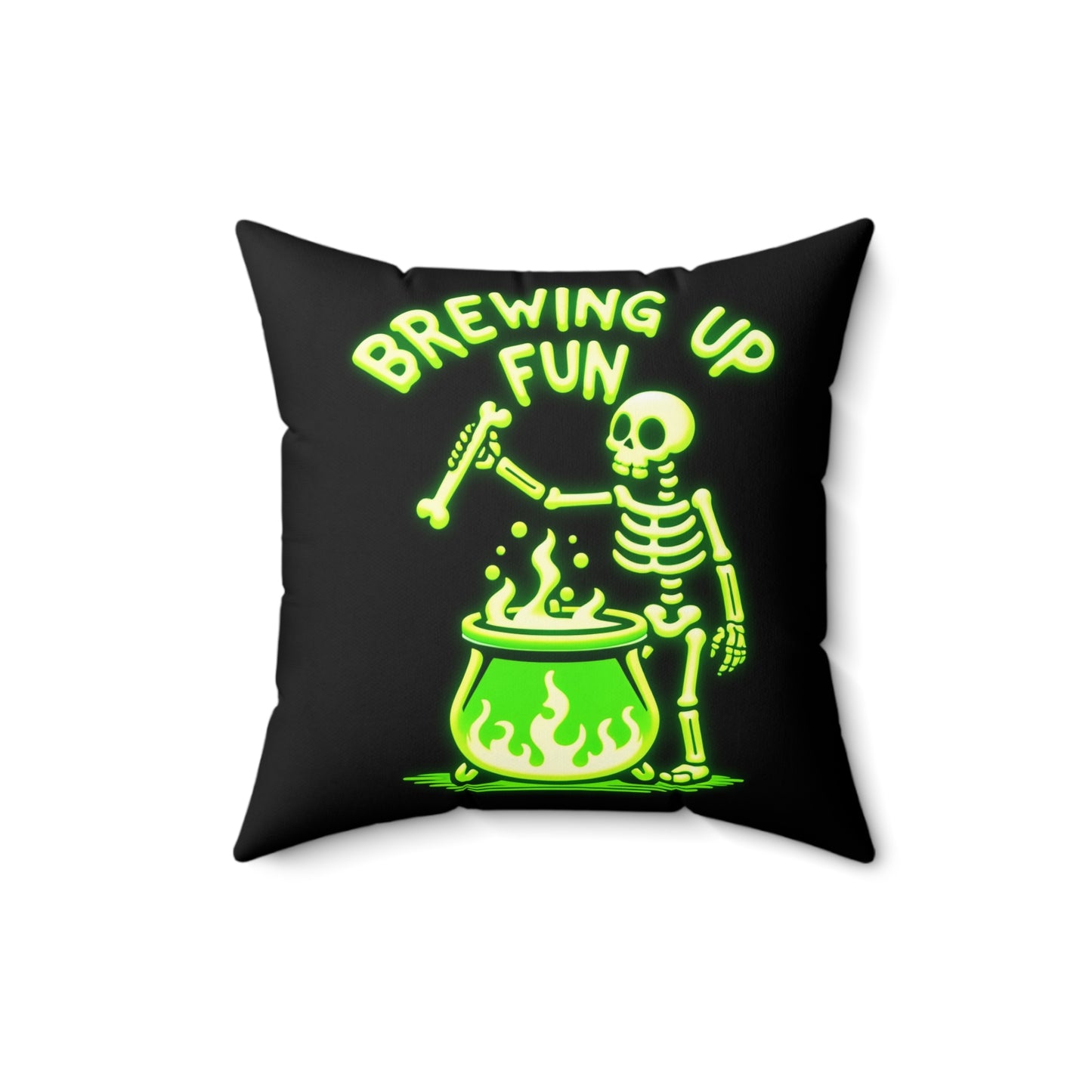 Glow-in-the-Dark Style “Brewing Up Fun” Halloween Throw Pillow – Spooky Skeleton Home Decor