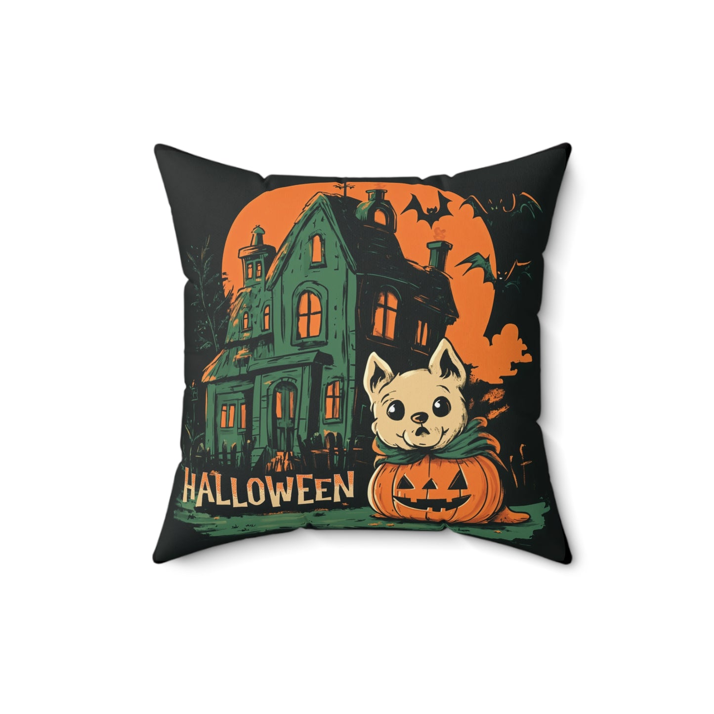 Cute Dog & Haunted House Halloween Throw Pillow – Square Decorative Pillow for Spooky Home Decor