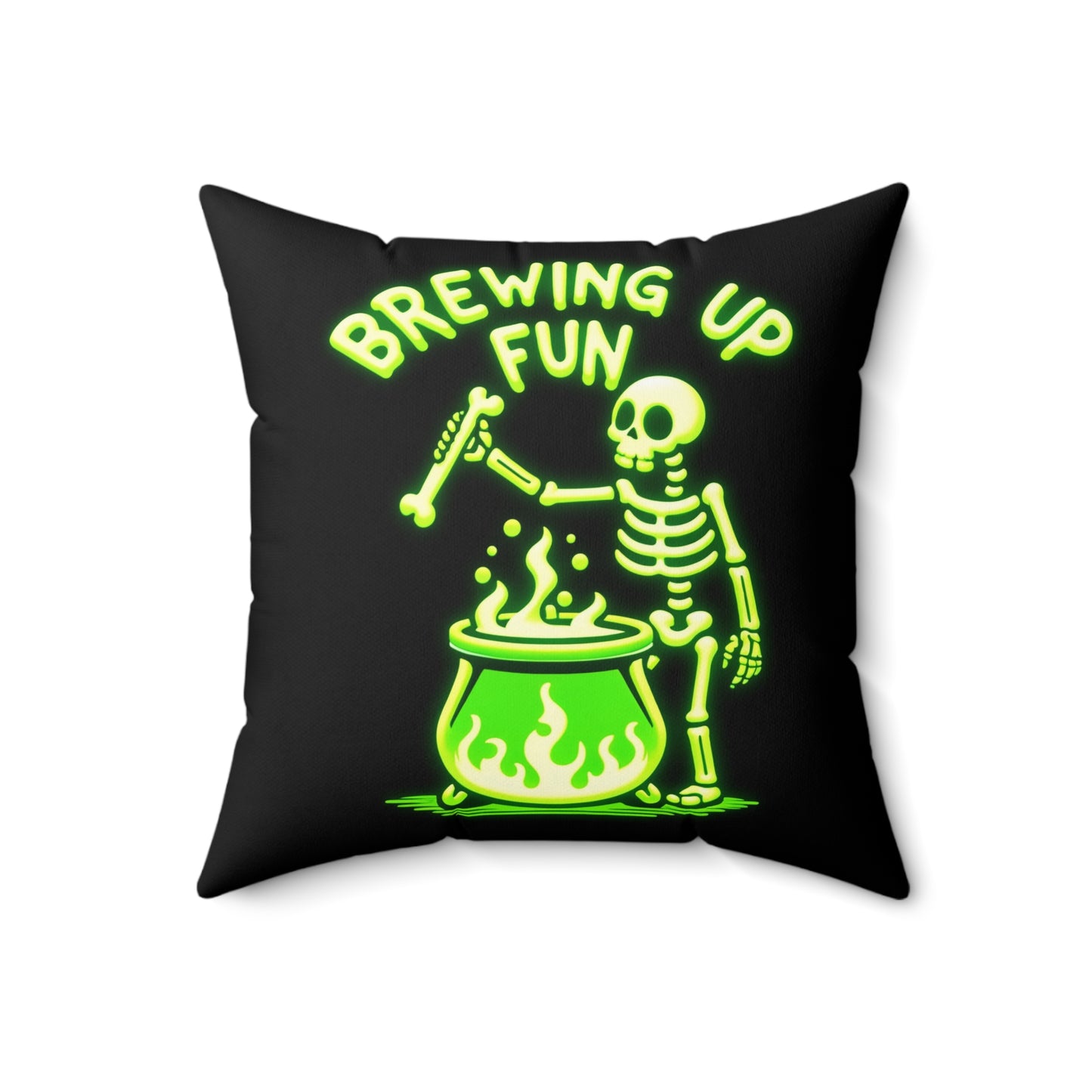 Glow-in-the-Dark Style “Brewing Up Fun” Halloween Throw Pillow – Spooky Skeleton Home Decor