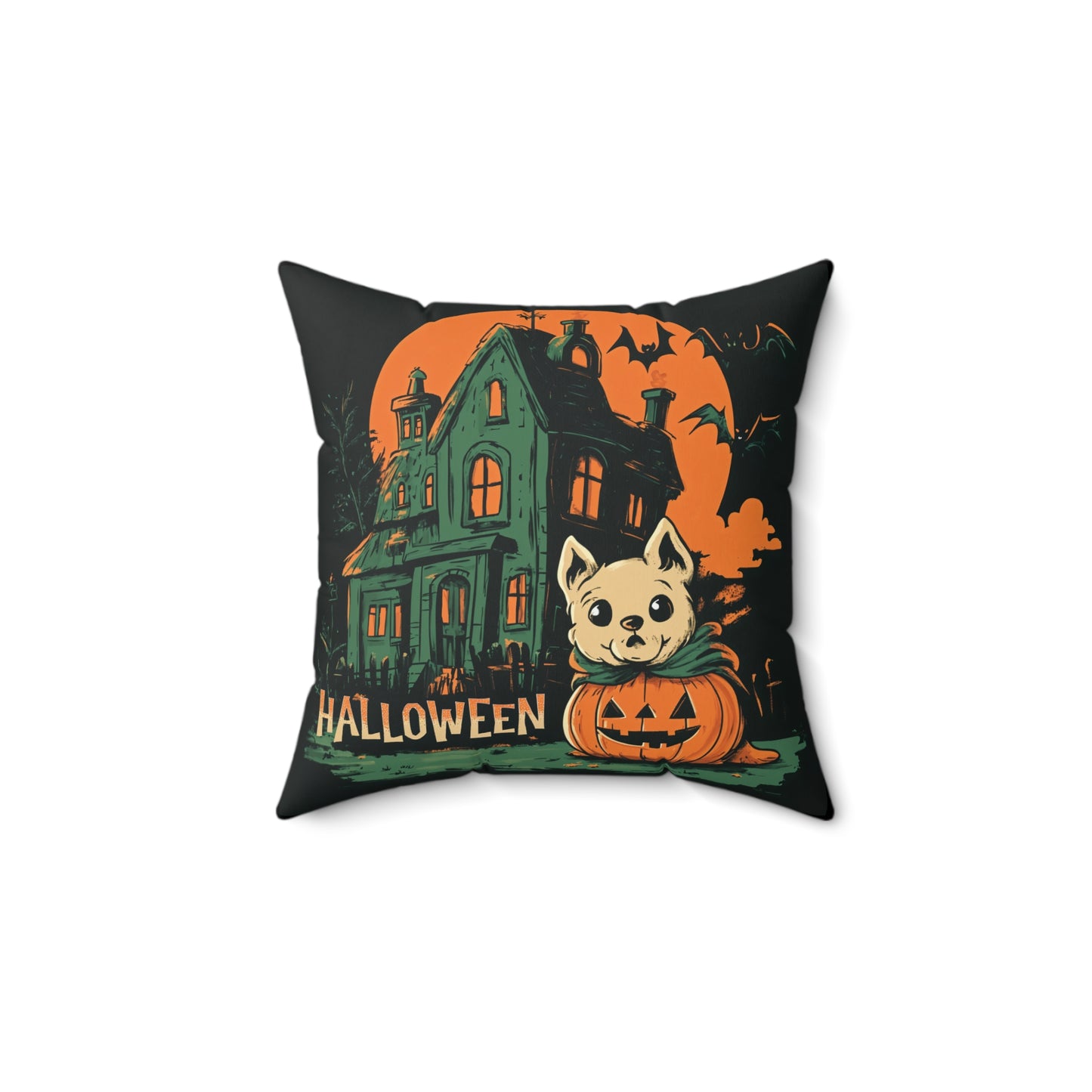 Cute Dog & Haunted House Halloween Throw Pillow – Square Decorative Pillow for Spooky Home Decor