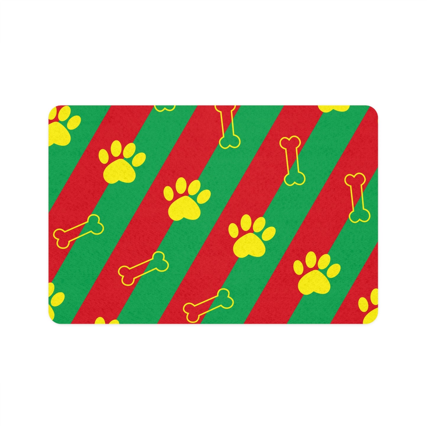 Red and Green Striped Pet Food Mat with Paw Prints and Bone Design