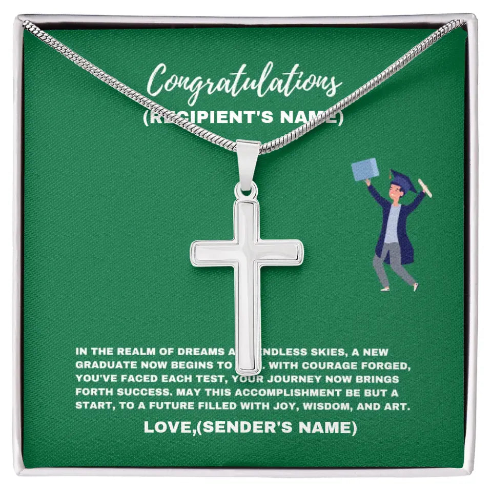 Collier personnalisé de remise de diplôme Endless Skies | Un nouveau diplômé commence maintenant à s'élever - Collier en acier avec croix